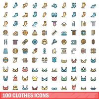 100 clothes icons set, color line style vector