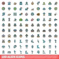 100 alien icons set, color line style vector