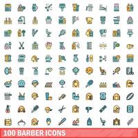 100 barber icons set, color line style vector