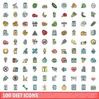 100 diet icons set, color line style vector