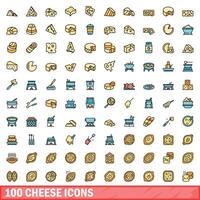 100 cheese icons set, color line style vector