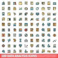 100 data analysis icons set, color line style vector