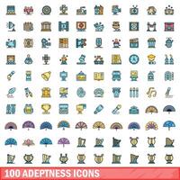 100 adeptness icons set, color line style vector