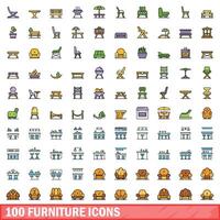 100 furniture icons set, color line style vector