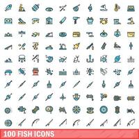 100 fish icons set, color line style vector