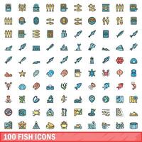 100 fish icons set, color line style vector