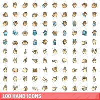 100 hand icons set, color line style vector