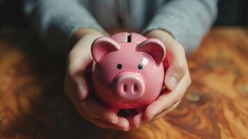 AI generated Man hand holding piggy bank on wood table, saving money wealth and financial concept, Business, finance, investment, Financial planning. photo