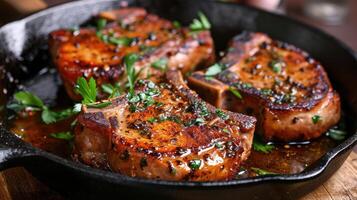 AI generated Pork chops cooked with garlic in a cast iron pan photo