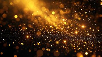 ai generado oro partículas resumen antecedentes con brillante dorado flotante polvo partículas llamarada bokeh estrella en negro antecedentes. futurista reluciente en espacio. foto