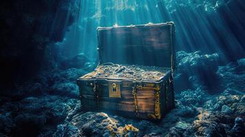 AI generated Open treasure chest sunken at the bottom of the sea   high contrast image photo