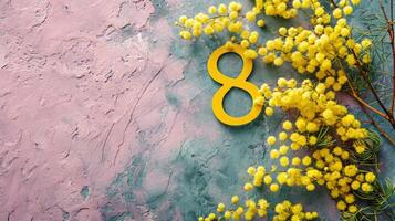 AI generated Greeting for International Women's Day on March 8th. Branches of mimosa and number eight. photo