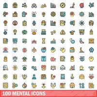 100 mental icons set, color line style vector