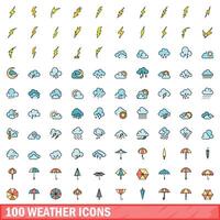 100 weather icons set, color line style vector