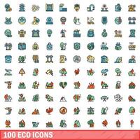 100 eco icons set, color line style vector