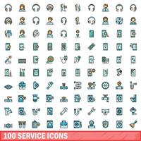 100 service icons set, color line style vector