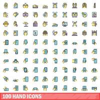 100 hand icons set, color line style vector