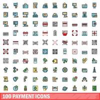 100 payment icons set, color line style vector