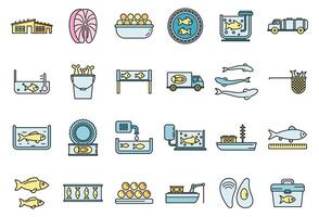 Food fish farm icons set vector color line