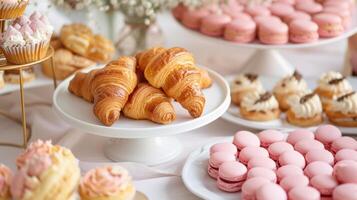 AI generated An elegant assortment of baked goods with golden croissants, delicate pink macarons and treats photo