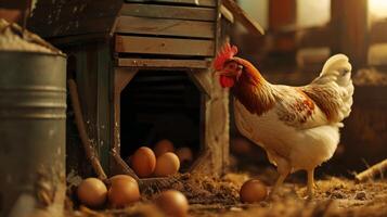 AI generated A hen is producing eggs within a chicken coop located at a bio farm photo