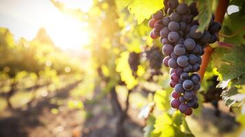 ai generado soleado viñedo con racimos de maduro uvas en atención foto