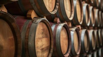 AI generated Wine barrels, close-up. Wine barrels at the winery. Stacked old wine barrels photo