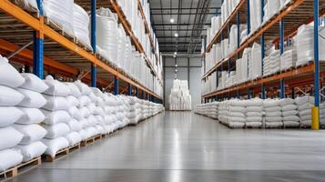 AI generated Large warehouse with white bags and high storage racks photo