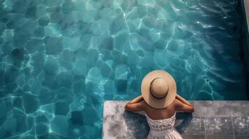 AI generated Woman in a stylish hat and off-the-shoulder dress relaxes on the edge of a serene resort pool photo