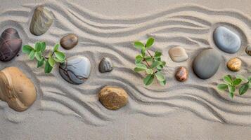 AI generated Smooth pebbles and sprigs of greenery arranged artistically on raked sand, creating a tranquil Zen garden pattern photo