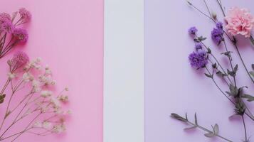 AI generated Top view image of pink and purple flowers composition over pastel background, copy space photo