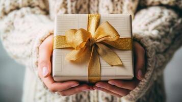 AI generated Woman hands holding elegant present gift box with golden ribbon photo