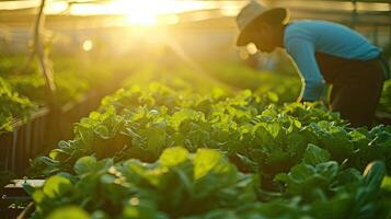AI generated Hydroponics vegetable farm, Farmer harvest hydroponics vegetable in farms morning photo