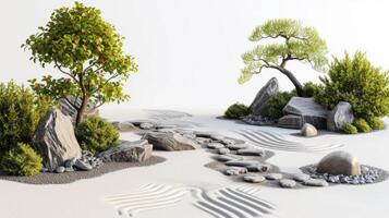 AI generated Idyllic Zen garden background. Trees, sand, stones photo