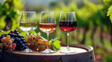 AI generated Three glasses with white, rose and red wine on a wooden barrel in the vineyard. photo