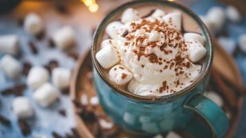 AI generated Overhead view of hot chocolate in a blue green mug with whipped cream and mini marshmallows photo