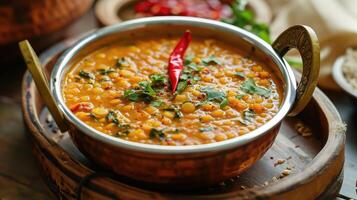 AI generated Dal tadka is a popular Indian dish where cooked spiced lentils are finished with a tempering made of ghee or oil and spices photo