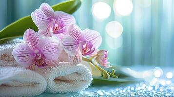 AI generated Towel,orchid flowers,bamboo leaf and cosmetics photo