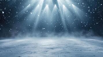 AI generated Snow and ice background.Empty ice rink illuminated by spotlights photo