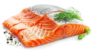 AI generated salmon, trout, steak, slice of fresh raw fish, isolated on white background photo