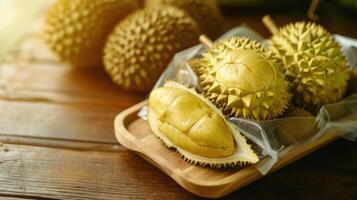 AI generated Fresh durian in packaging on wooden dish with durian peel. Durian king of fruit. Tropical fruit. photo