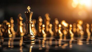 AI generated Golden king chess stand in front of others chess pieces. Leadership business teamwork and marketing strategy planing concept. photo