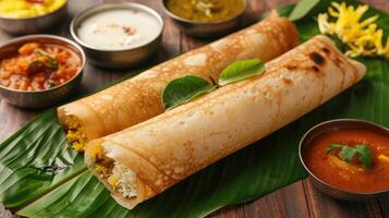 AI generated Paper Masala dosa is a South Indian meal served with sambhar and coconut chutney over fresh banana leaf. Selective focus photo