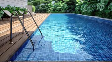 AI generated Swimming pool with stair and wooden deck. photo