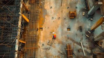 ai generado aéreo ver de construcción trabajador en construcción sitio foto