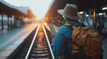 AI generated Map in Backpack ,Mobile phone with earphone and hat at the train station with a traveler.sun set, Travel concept. photo