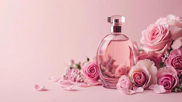 AI generated Bottle of female perfume with pink roses on pink color background photo