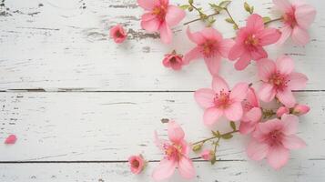 AI generated Flowers composition for Valentine's, Mother's or Women's Day. Pink flowers on old white wooden background. Still-life. photo