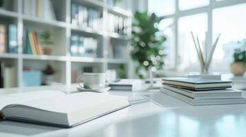 AI generated Cropped shot of white table with books, stationery and copy space in blurred study room photo