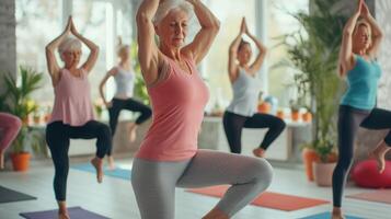 AI generated Yoga fitness, class and senior women training for elderly wellness, health and retirement self care in pilates studio photo